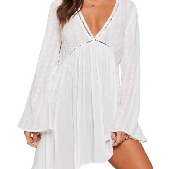 L*SPACE White Embroidered Bailey Boho Bell Sleeve Flare Tunic Mini Dress Sz XS - Picture 1 of 7